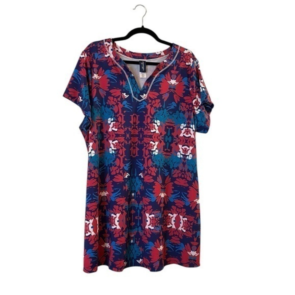 Swimsuits for All short sleeve cover-up pool beach dress, blue aqua & red, 20